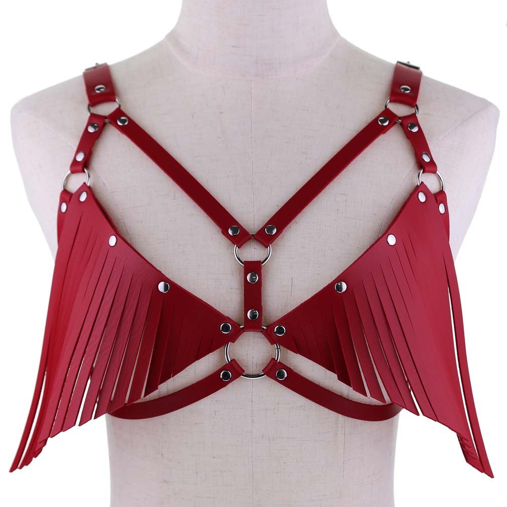 Fringed PU Leather Bikini Bra Set red front