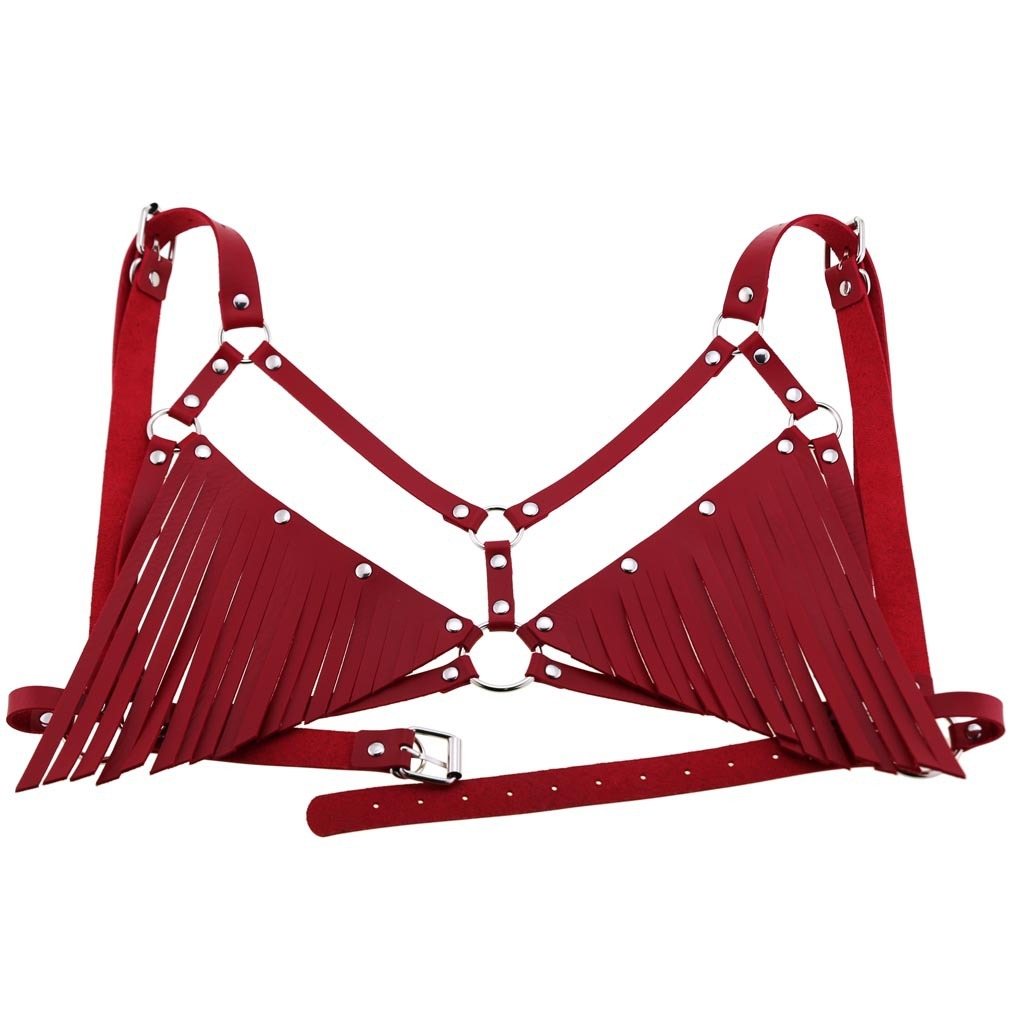 Fringed PU Leather Bikini Bra Set red front 