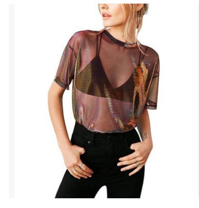 Transparent Glossy Round Neck T-shirt, close up