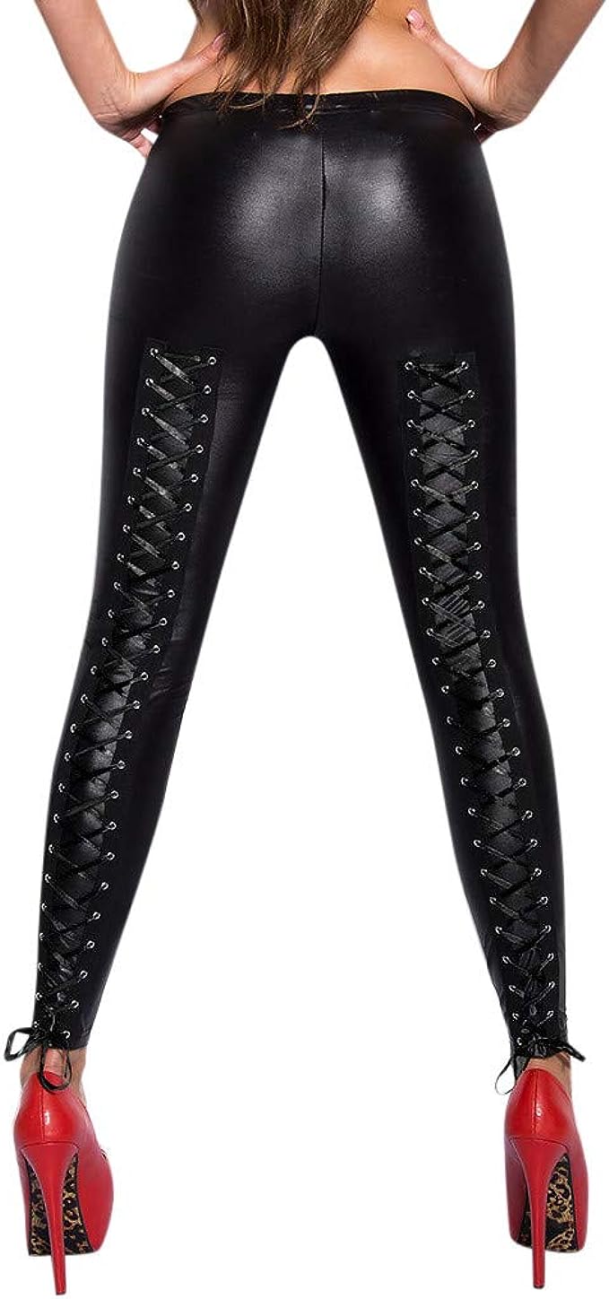 Noir Latex Faux Leather Bondage Leggings