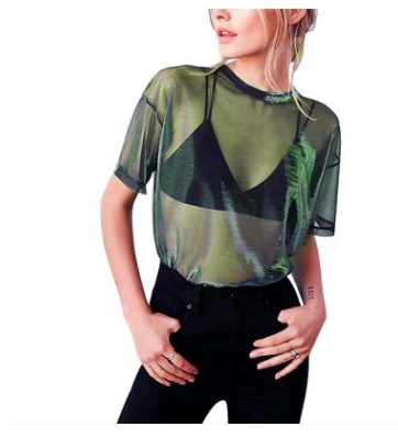 Transparent Glossy Round Neck T-shirt, green