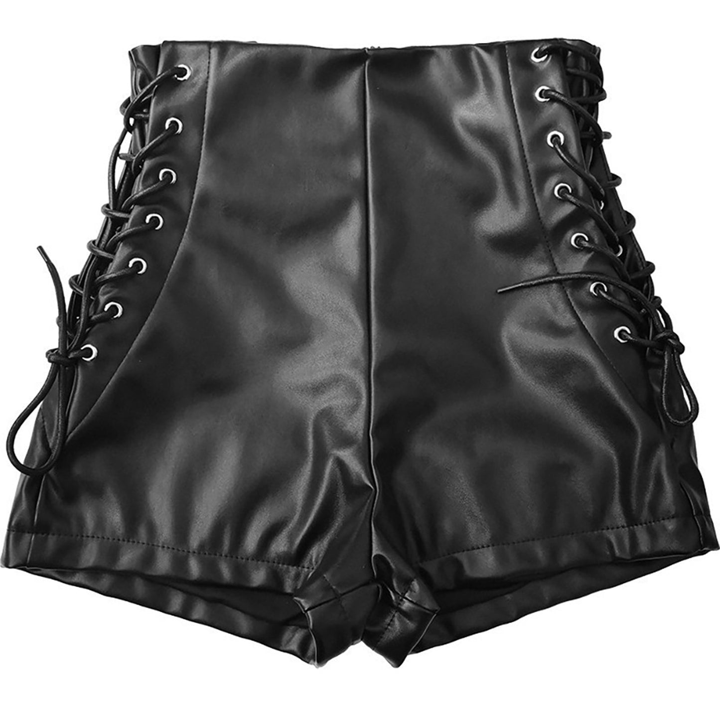 Leather Rave Booty Shorts, with a model