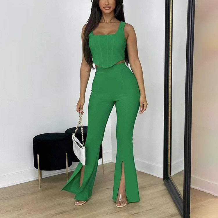 Sleeveless Tank Tops, High Waist Slit Flare Pants Set, green, front side