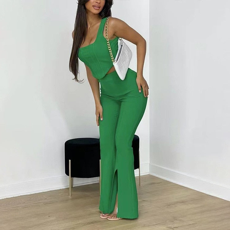 Sleeveless Tank Tops, High Waist Slit Flare Pants Set, green, side