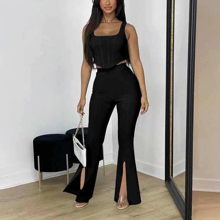 Sleeveless Tank Tops, High Waist Slit Flare Pants Set, black, front side