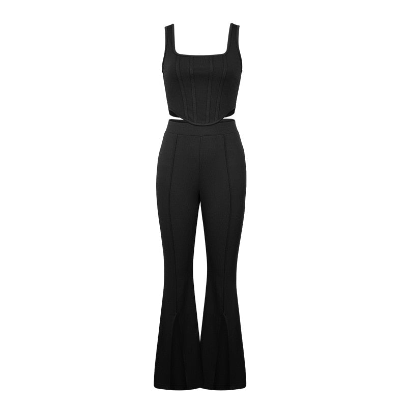 Sleeveless Tank Tops, High Waist Slit Flare Pants Set, black