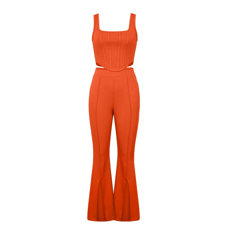 Sleeveless Tank Tops, High Waist Slit Flare Pants Set, orange