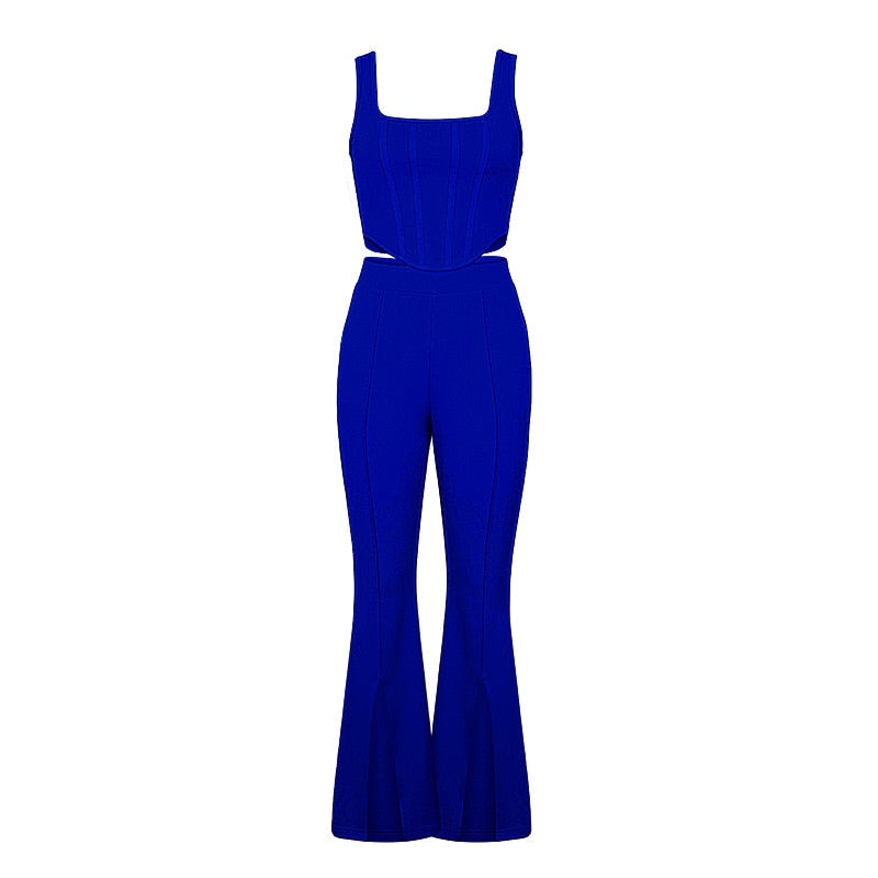 Sleeveless Tank Tops, High Waist Slit Flare Pants Set, blue