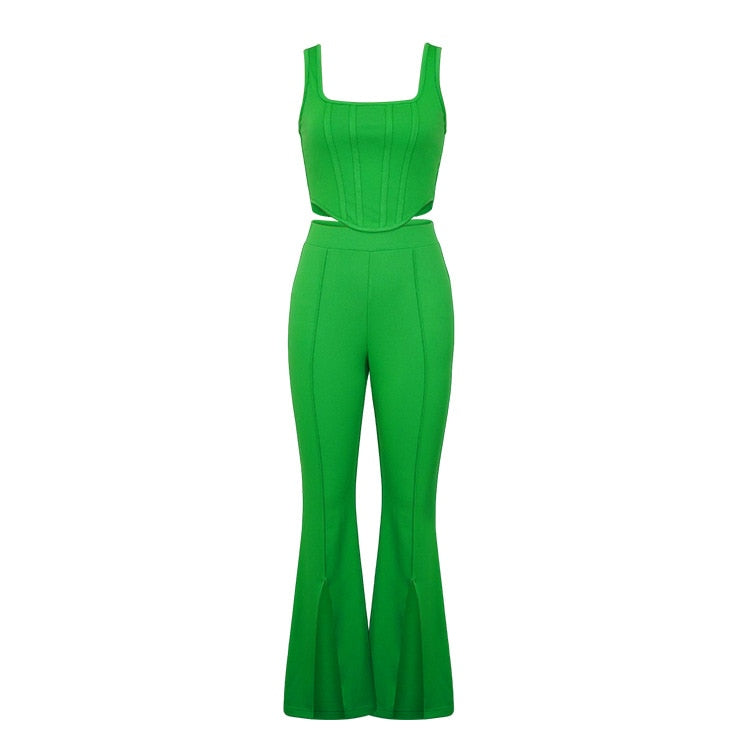 Sleeveless Tank Tops, High Waist Slit Flare Pants Set, green