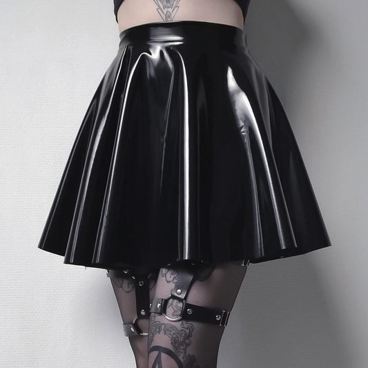 Steampunk Black Glossy Mini Skirt, close up