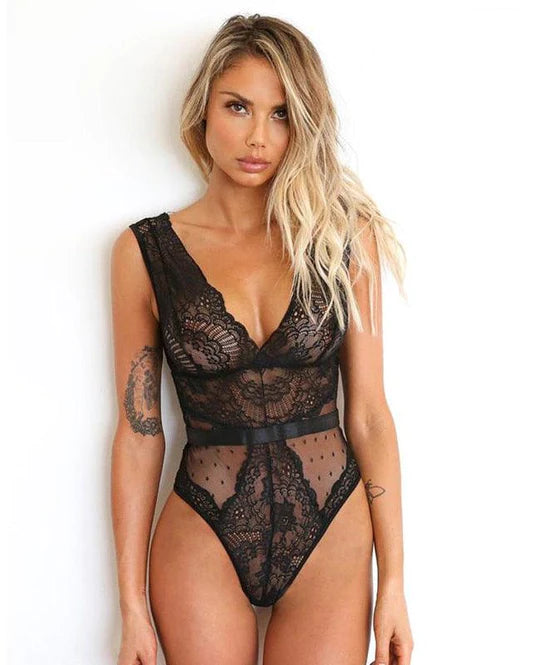 Lace Embroidery Bodysuit, black, front