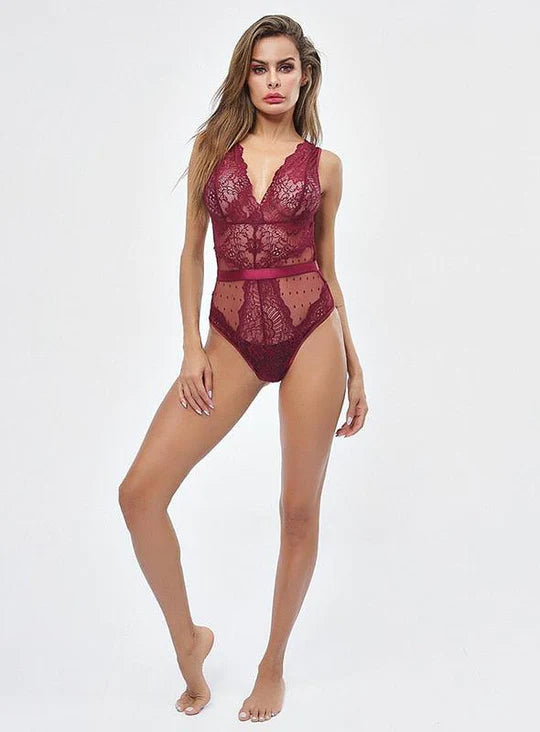 Lace Embroidery Bodysuit, red, front side