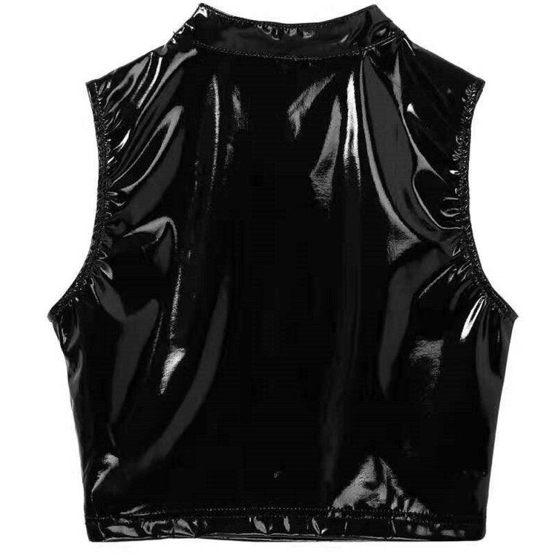 Shiny Vest Deep U Top, back side , black