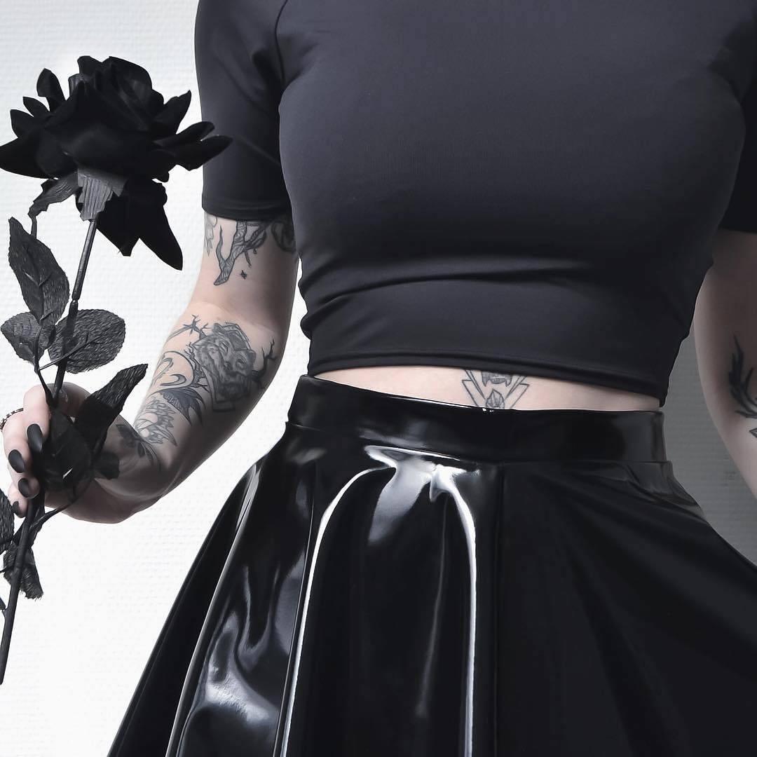 Steampunk Black Glossy Mini Skirt, with a rose