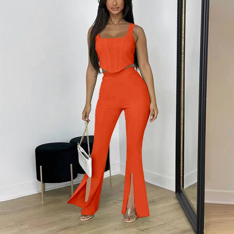 Sleeveless Tank Tops, High Waist Slit Flare Pants Set, orange, front side